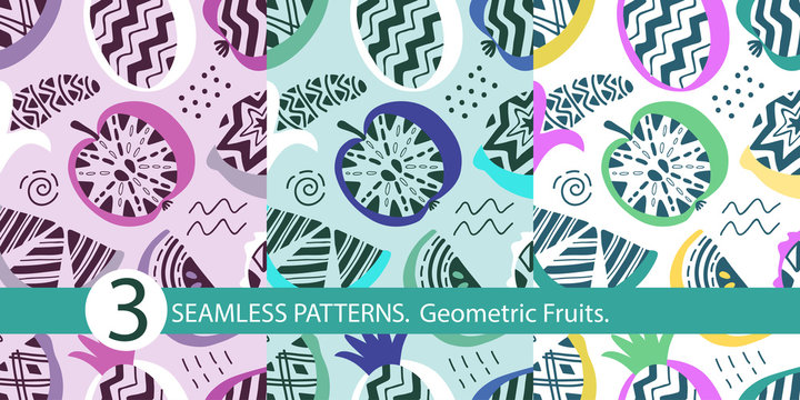 Vector set of seamless patterns with modern geometric fruits. Exotic summer background. Original hand drawn illustration. Healthy vegetarian food. Trendy 80-90s fashion style.