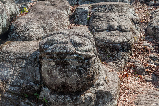 Sculptures at archaeological site Los Sapos near Copan Ruinas, Honduras
