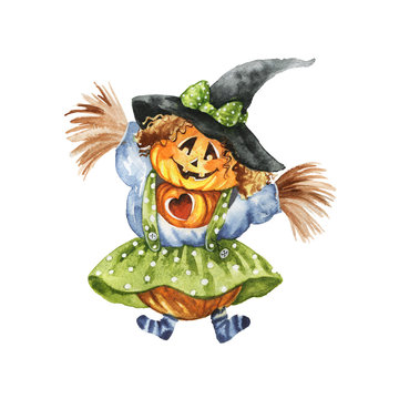 Watercolor pumpkin scarecrow. Hand drawn halloween cartoon characters. Painting children illustration