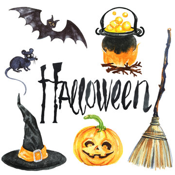 Watercolor halloween set on white background. Painting holiday illustration