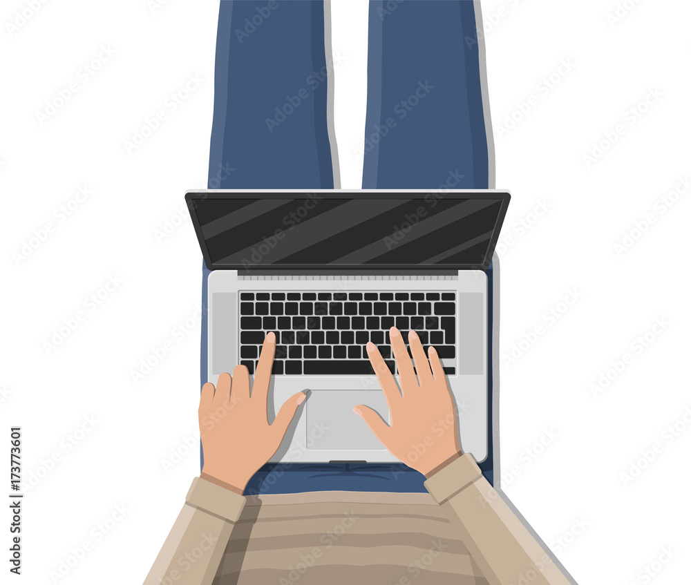 Poster man lying on sofa couch and using laptop