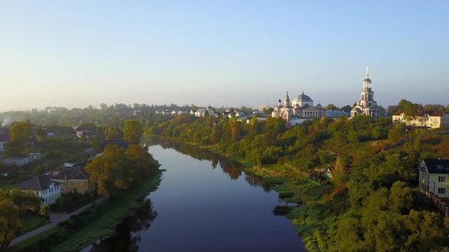 Fly over Tvertsa river in the morning in Torzhok, Tver oblast, Russia