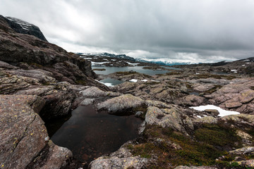 Typical norwegian landscape with snowy mountains