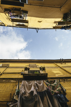 Low angle view of apartment buildings, Naples, Italy