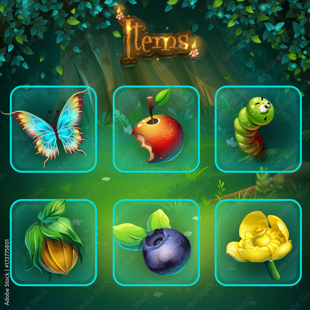 Poster shadowy forest gui set items buttons and icon
