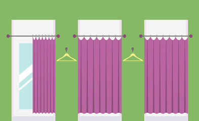 Row of vacant fitting rooms in a clothing shop, one fitting room with open curtain and mirror inside. Cabins for trying on clothes in a shopping mall. Vector illustration.