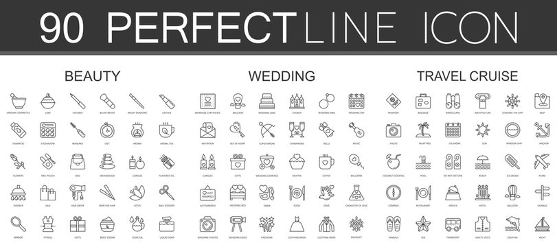 90 modern thin line icons set of beauty cosmetics, wedding, travel cruise
