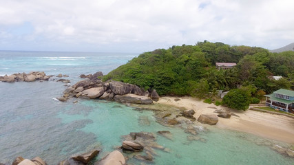 Obraz premium Panoramic aerial view of Praslin mountains and ocean