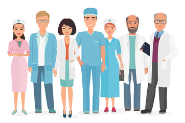 Vector Cartoon illustration of Group of doctors, nurses and other medical staff.