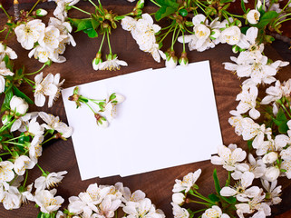 blank sheets of paper among blossoming cherry branches