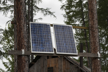 Solar cells on the tree in the forest. The use of solar energy in the taiga area. The Republic Of Sakha, Russia.