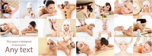 Rolgordijnen Women getting spa treatment. Health, medicine and recreation collage. Healing and massaging concept. © Acronym