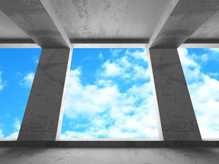 Concrete room wall construction on cloudy sky background