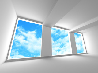 Fototapeta na wymiar Empty white room interior with window to sky