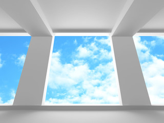 Empty white room interior with window to sky