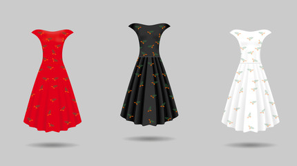 Women's dress mockup collection. Dress with long pleated skirt. Realistic vector illustration