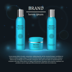 3D realistic cosmetic bottle ads template. Cosmetic brand advertising concept design with glitters and bokeh background