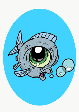 A funny Fish with bubbles in cartoon style. Vector Illustration