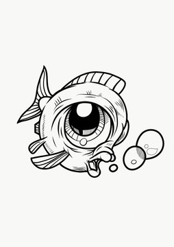 A funny Fish with bubbles in cartoon style. Black and White Vector Illustration
