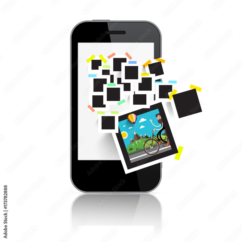 Poster retro film photo frames on smart phone display. abstract vector technology device isolated on white 