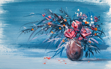 Oil painting a bouquet of roses . Impressionist style.