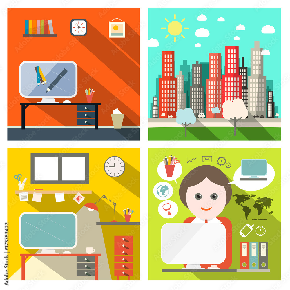 Poster creative business backgrounds set with computers and city. vector flat design infographics backdrops