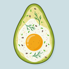 Avocado baked with egg and seasoning, top view. Freshly baked delicious avocado with egg inside, healthy meal. Yummy breakfast. Hand drawn vector illustration isolated on background. 
