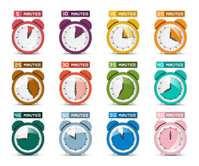 Alarm Clock Set. Vector Icons with Five to Sixty Minutes. Vector Time Difference Symbols.