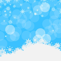 Winter Vector Blue Background with Snowflakes, Snow and Bokeh on Sky