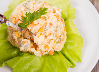 Vegetable salad (potato, carrot, corn, pea, egg, leek) with mayonnaise eaten with a fork
