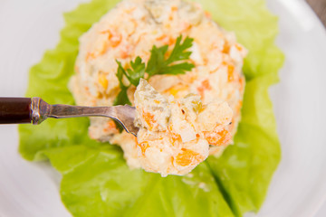 Vegetable salad (potato, carrot, corn, pea, egg, leek) with mayonnaise eaten with a fork