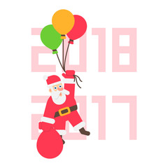 Cartoon santa hanging on baloons. 2017 2018 background