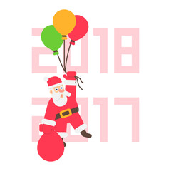 Cartoon santa hanging on baloons. 2017 2018 background