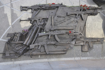Fragment of the monument to Lt. Gen. Mikhail T. Kalashnikov, designer of the AK-47, the Soviet...