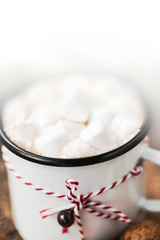 Hot chocolate with marshmallow   with Christmas gift, gingerbread man cookie, fir tree branches, xmas holiday decorations and festive symbols