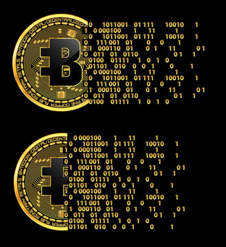 Set of crypto currency golden coins with black lackered bytecoin symbol on obverse isolated on black background. Vector illustration. Use for logos, print products, page and web decor or other design.
