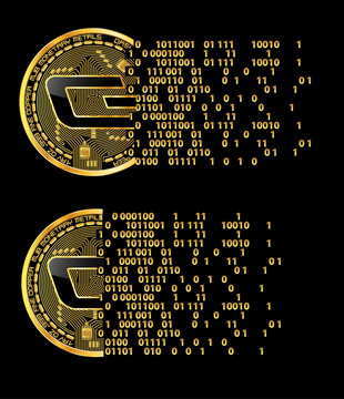 Set of crypto currency golden coins with black lackered dash symbol on obverse isolated on black background. Vector illustration. Use for logos, print products, page and web decor or other design.