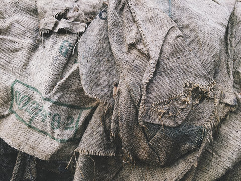 Close up of worn burlap bags