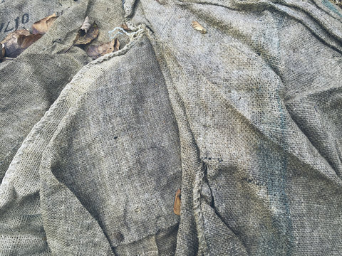 Close up of worn burlap bags