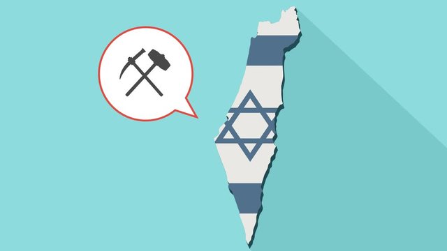 Animation of a long shadow Israel map with its flag and a comic balloon with a hammer and pickaxe icons