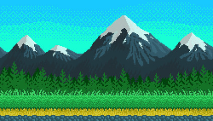 Pixel art seamless background with mountains.