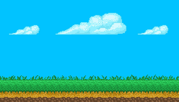 Fototapeta Pixel art seamless background with sky and ground.