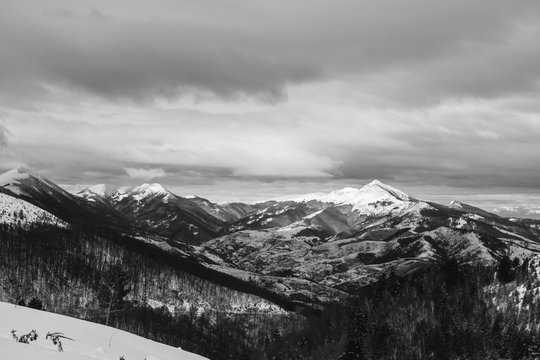 snowcovered mountain landscape in kosovo, black and white