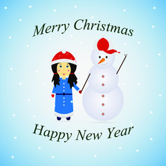 Christmas background with girl and snowman. New year illustration.