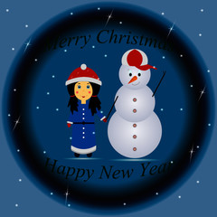 Christmas background with girl and snowman. New year illustration.