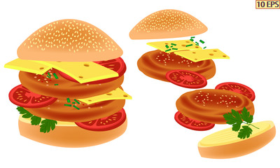 Burger. Cutlet in the bun. Fried steak. Cheeseburger. Sandwich. Meat rissoles. Burger with cheese, tomato and beef steak. Burger with meat rissole. Vector illustration.