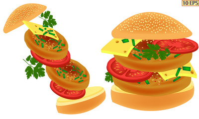 Burger. Cutlet in the bun. Fried steak. Cheeseburger. Sandwich. Meat rissoles. Burger with cheese, tomato and beef steak. Burger with meat rissole. Vector illustration.