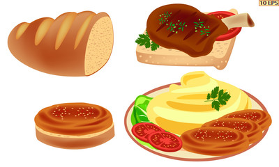 Cutlet on the bone and mashed potatoes. Steak with mashed potatoes. American food. Cutlets. Meat chop and bread. Fried meat cutlets. Vector illustration.