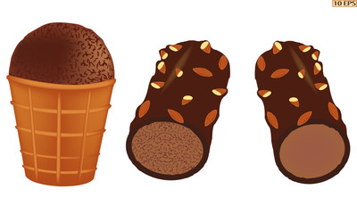 Classic Ice cream. Vector ice cream. Sundae. Chocolate ice cream. Sundae drizzled with chocolate. Dessert. The ice cream in chocolate with nuts. Sundae caramel. Vector illustration.