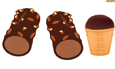 Classic Ice cream. Vector ice cream. Sundae. Chocolate ice cream. Sundae drizzled with chocolate. Dessert. The ice cream in chocolate with nuts. Sundae caramel. Vector illustration.